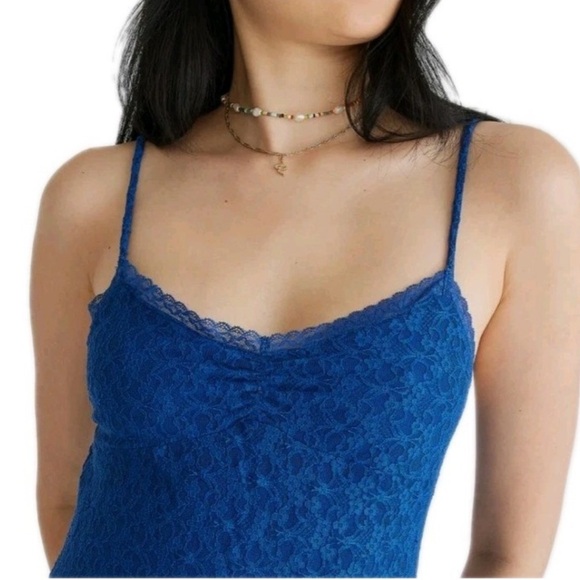 Aeropostale Solid V-Neck Lace Cami Dress Blue Slip Dress Y2K 90s Ruffle Hem - Picture 2 of 12